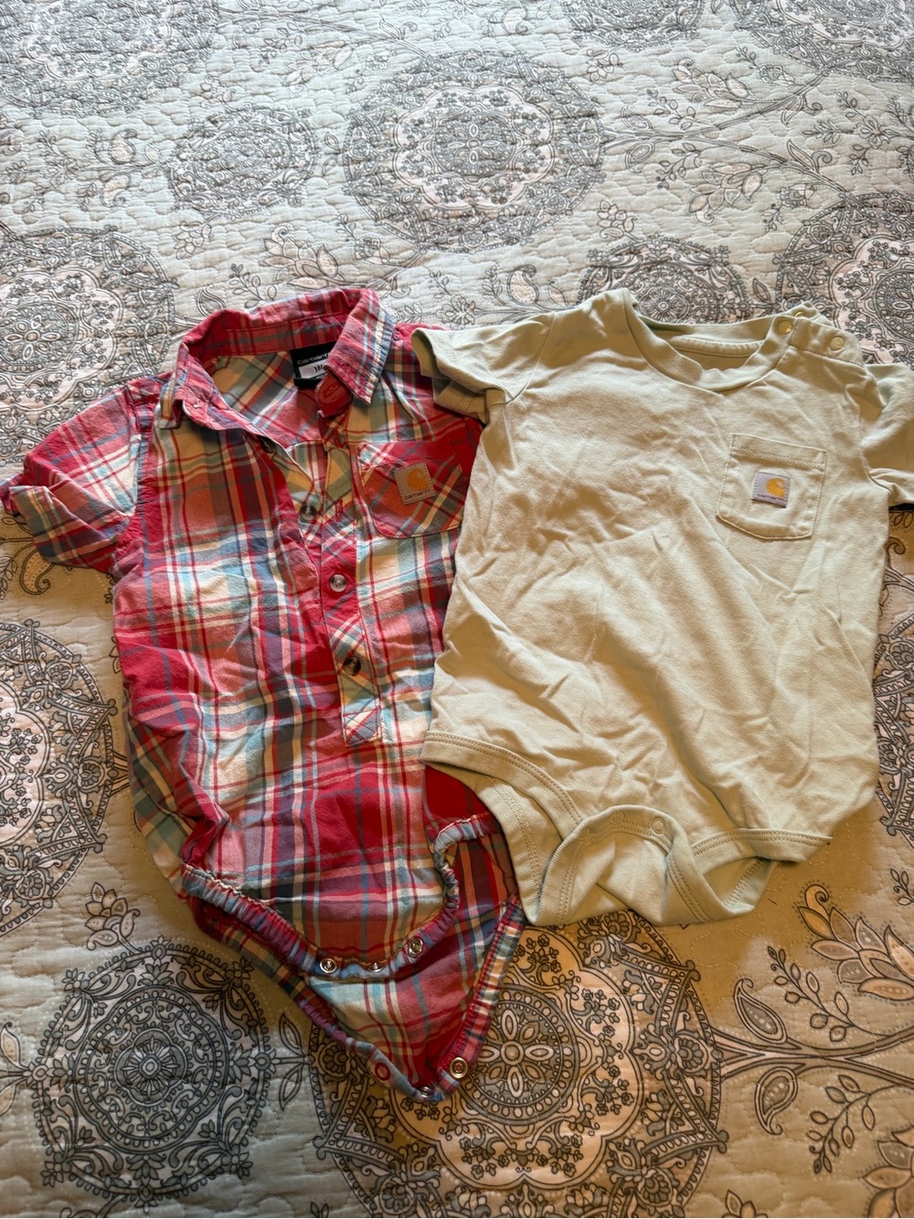Carhartt Red Plaid Short-Sleeve Bodysuit & Tan Logo Pocket One-Piece Set